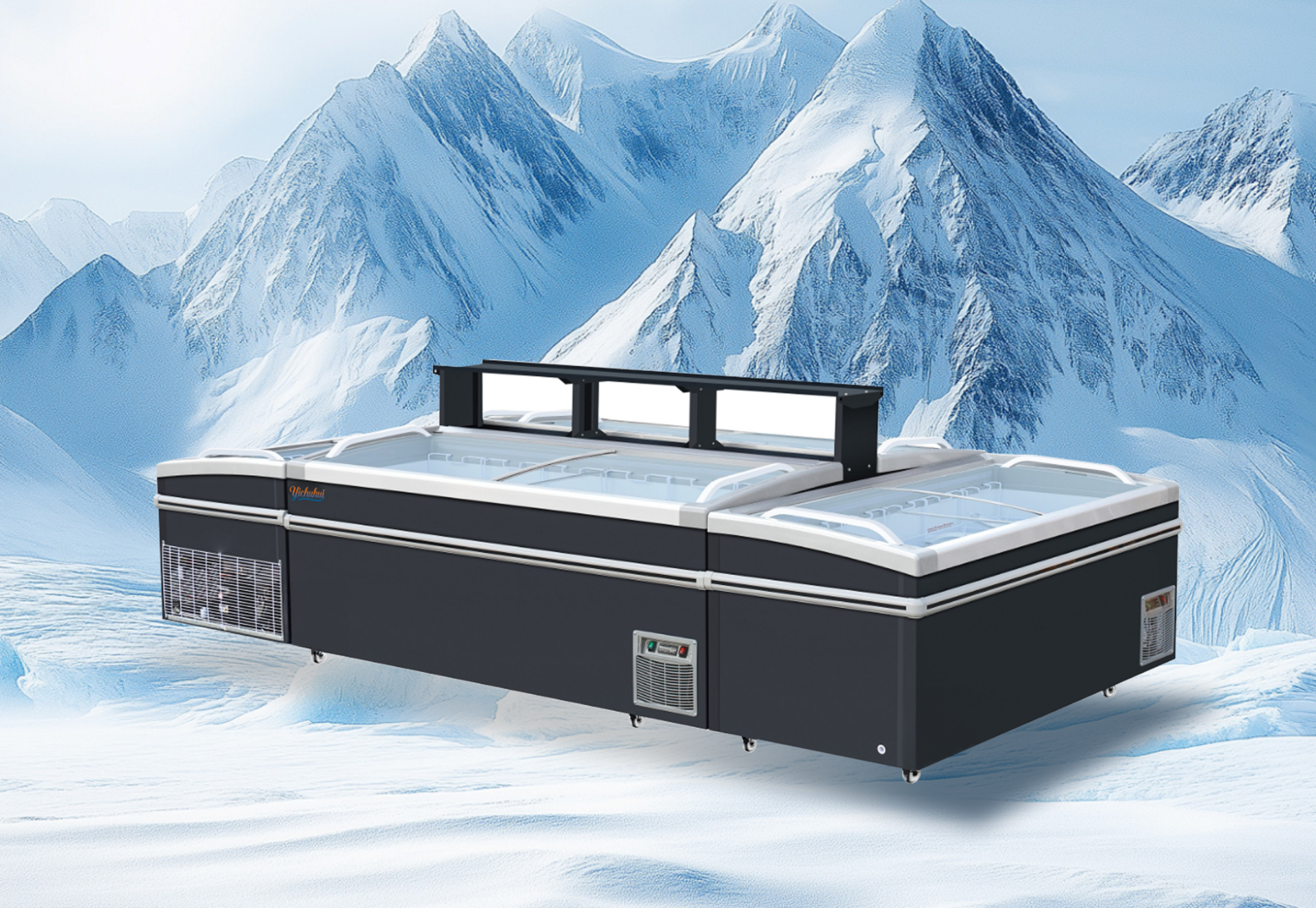 Open-top island freezer with sliding glass lids and white cabinet, designed for supermarket frozen food placement in central aisle, shown against icy mountain backdrop.