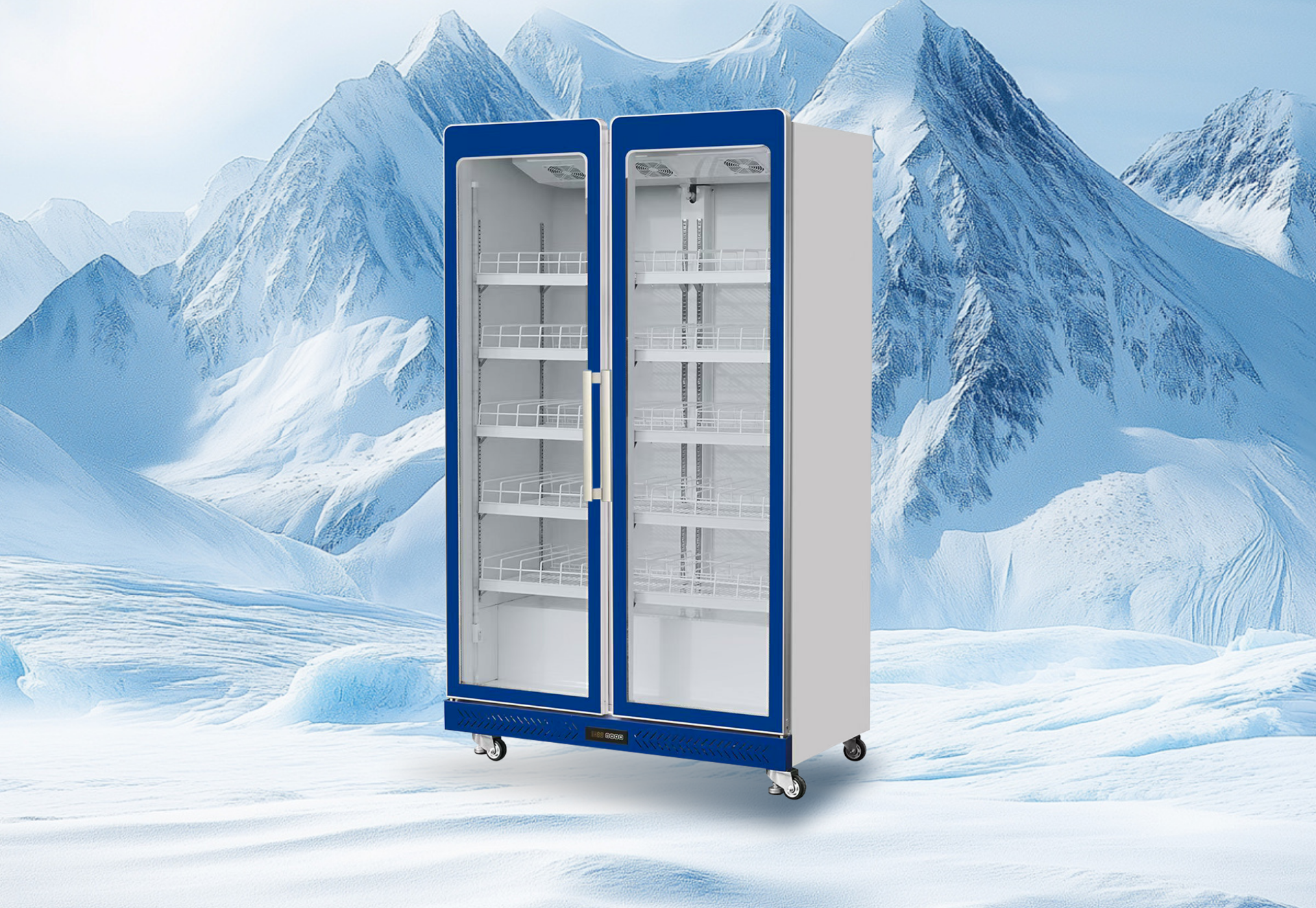Two-door glass beverage display cabinet, LED-illuminated top signage showing ice cube graphics, six adjustable wire shelves per side.