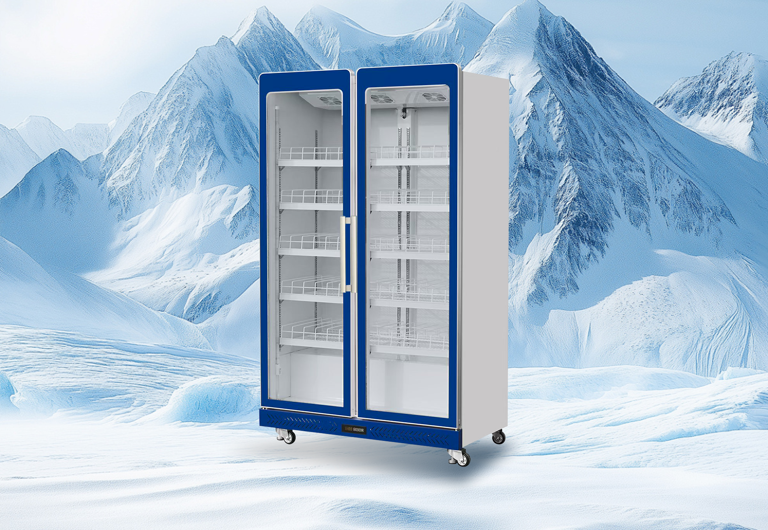 Two-door glass beverage display cabinet, LED-illuminated top signage showing ice cube graphics, six adjustable wire shelves per side.