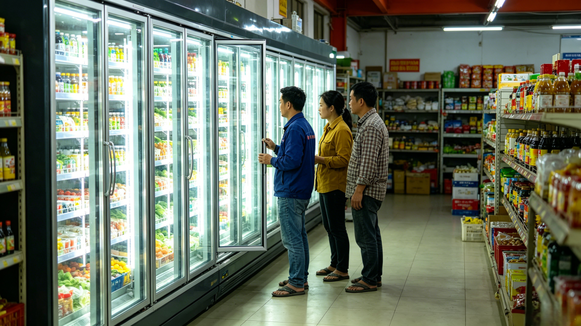 Vietnamese supermarket purchasing manager inspecting customized OEM commercial refrigeration equipment before shipment
