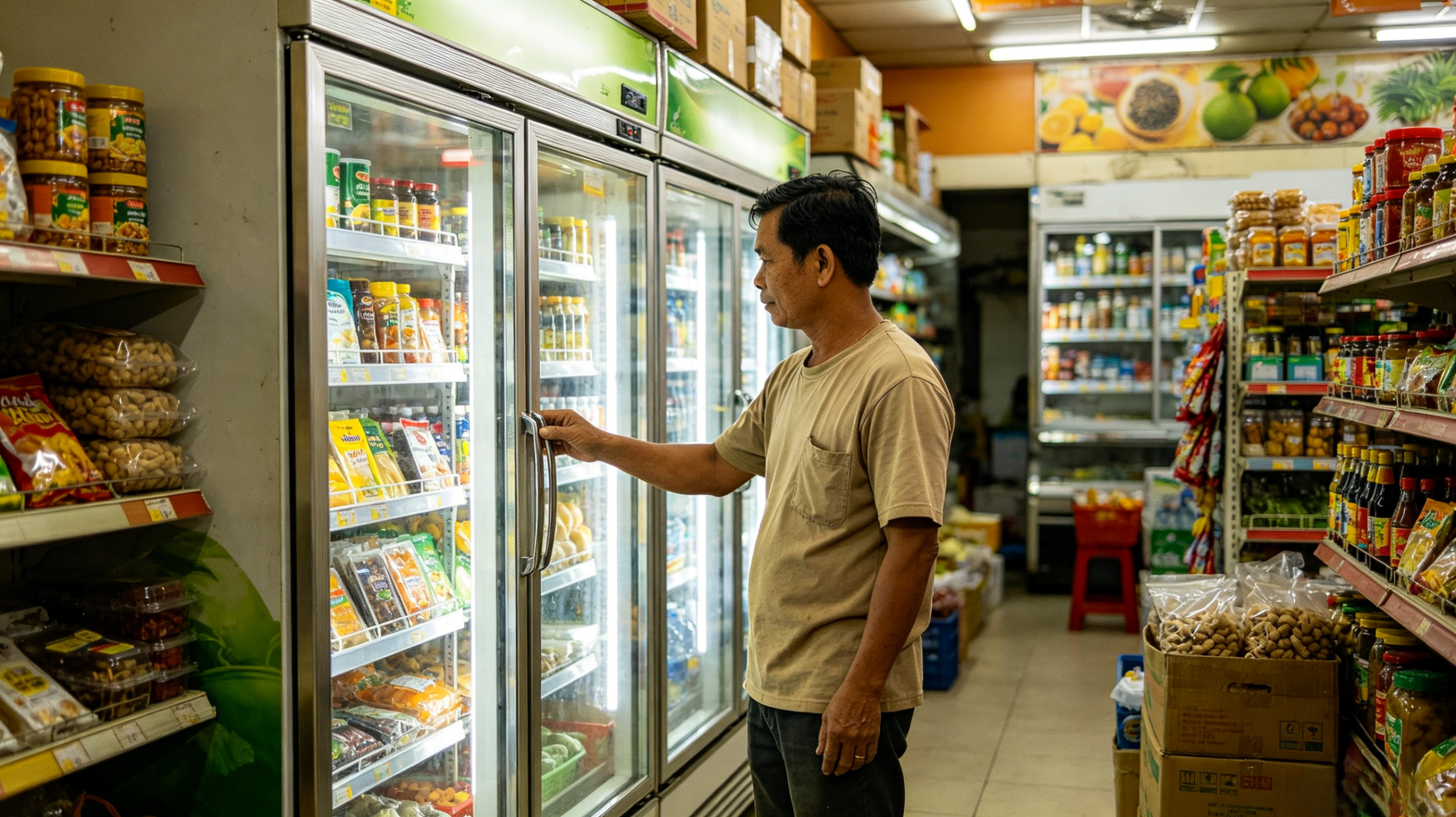 Vietnamese supermarket shoppers browsing glass door commercial refrigerators, tropical retail cold storage equipment real photo