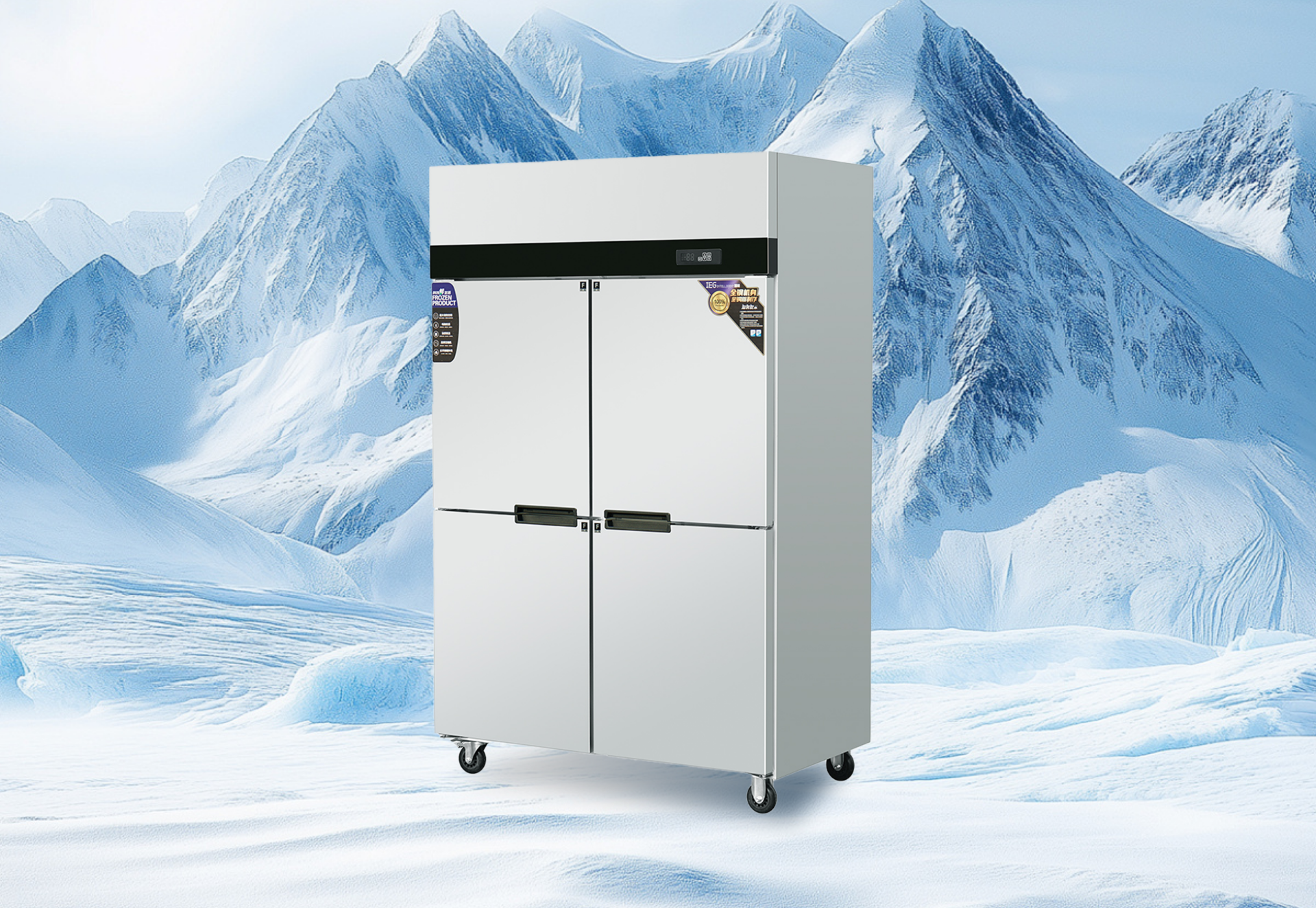 Four-door upright commercial freezers built for -18°C to -22°C frozen storage. Stainless steel, fan-cooled, R-290 or R-404A. Factory direct from China, OEM/ODM.