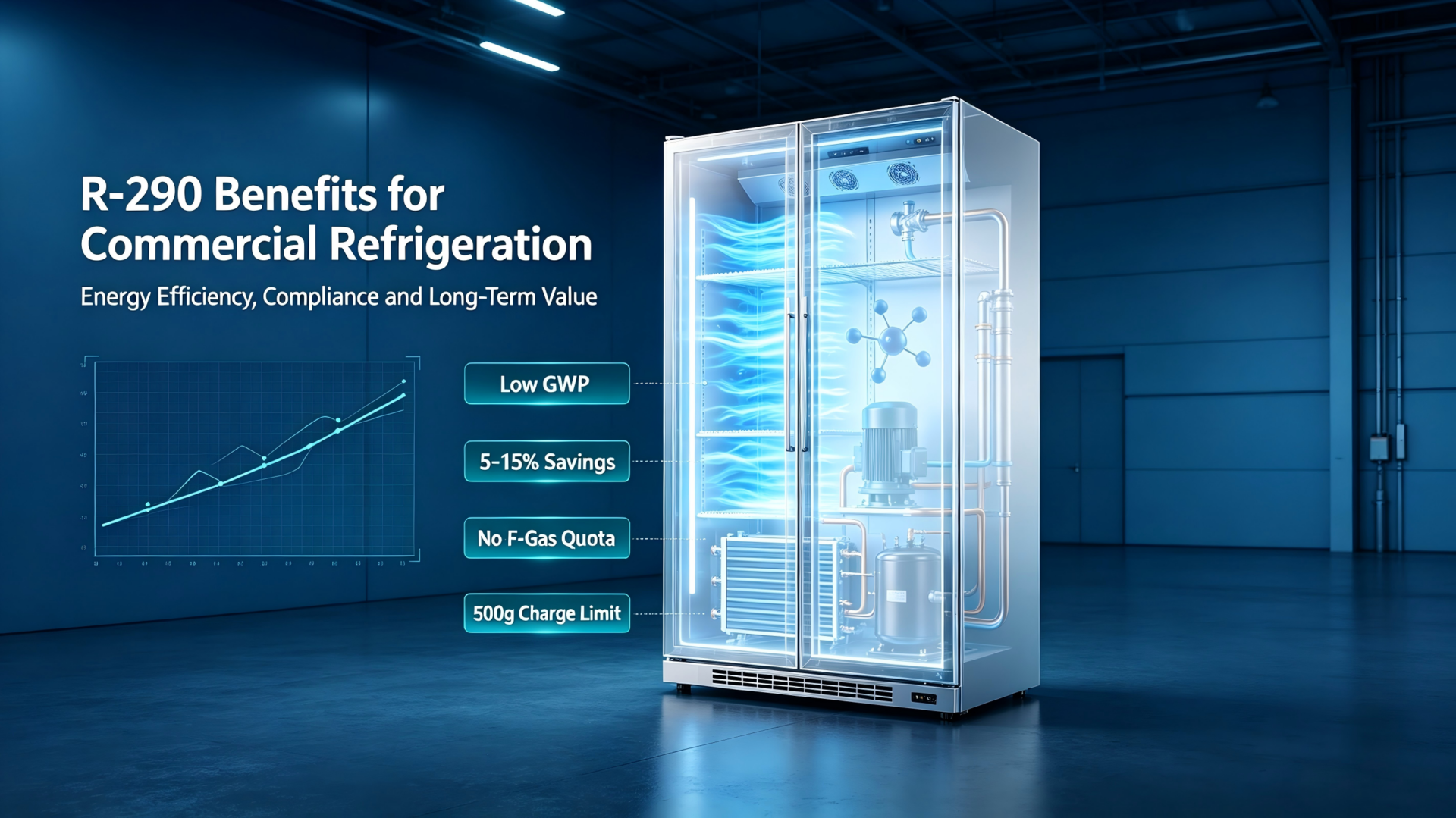 R-290 propane commercial refrigeration display cabinet, low GWP eco-friendly cooling equipment industrial realistic banner for Yichuhui refrigeration blog article