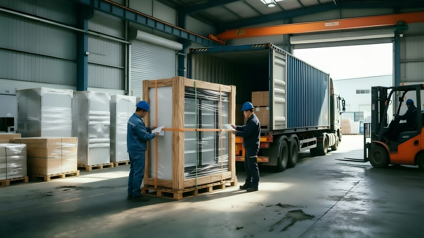 Secure packaging and shipment of glass door merchandisers in factory logistics area, including wooden crate, shipping label and container loading.