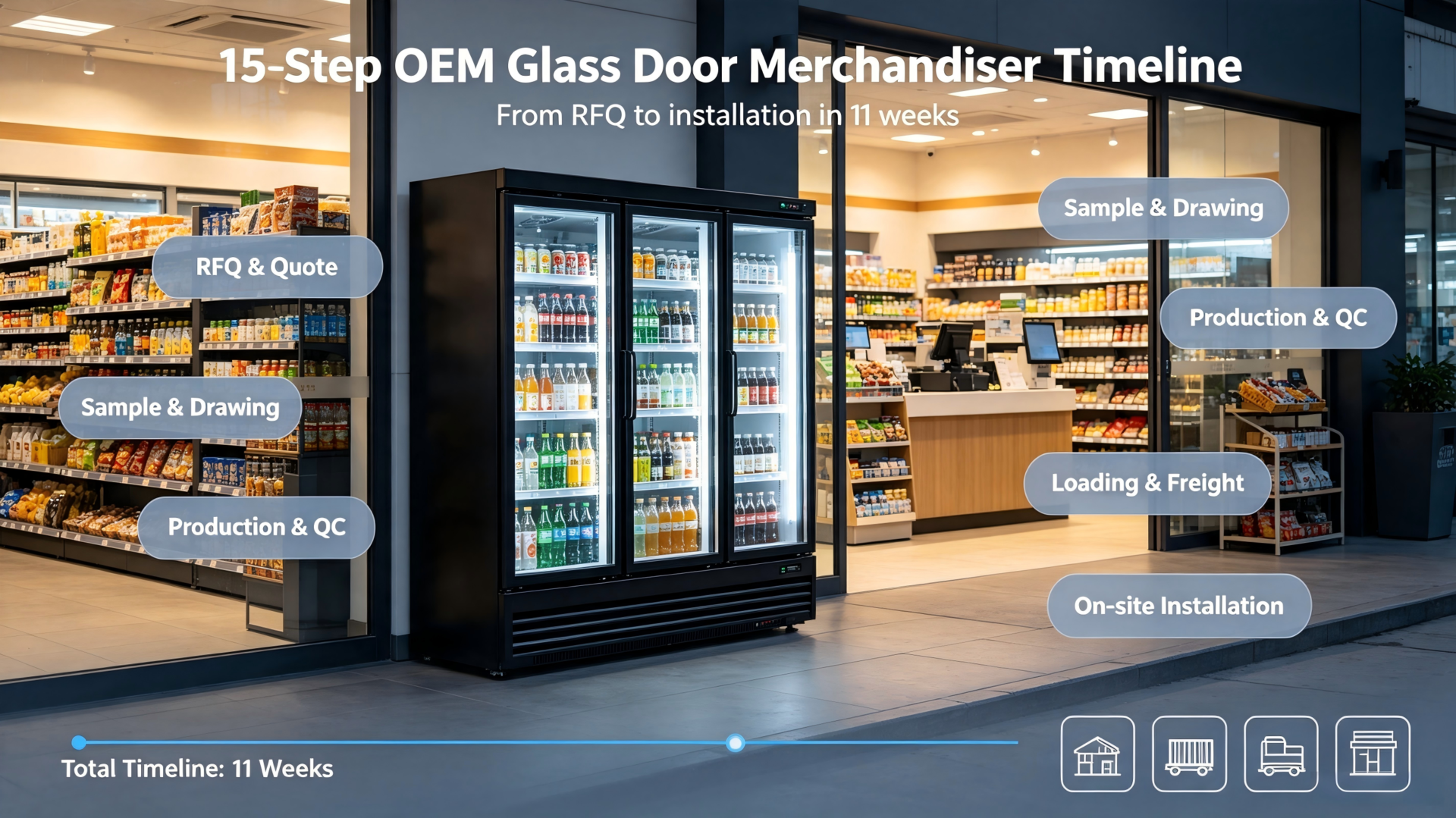 Flowchart of 15 OEM glass door merchandiser production steps from RFQ submission to on-site installation, 11-week total timeline.