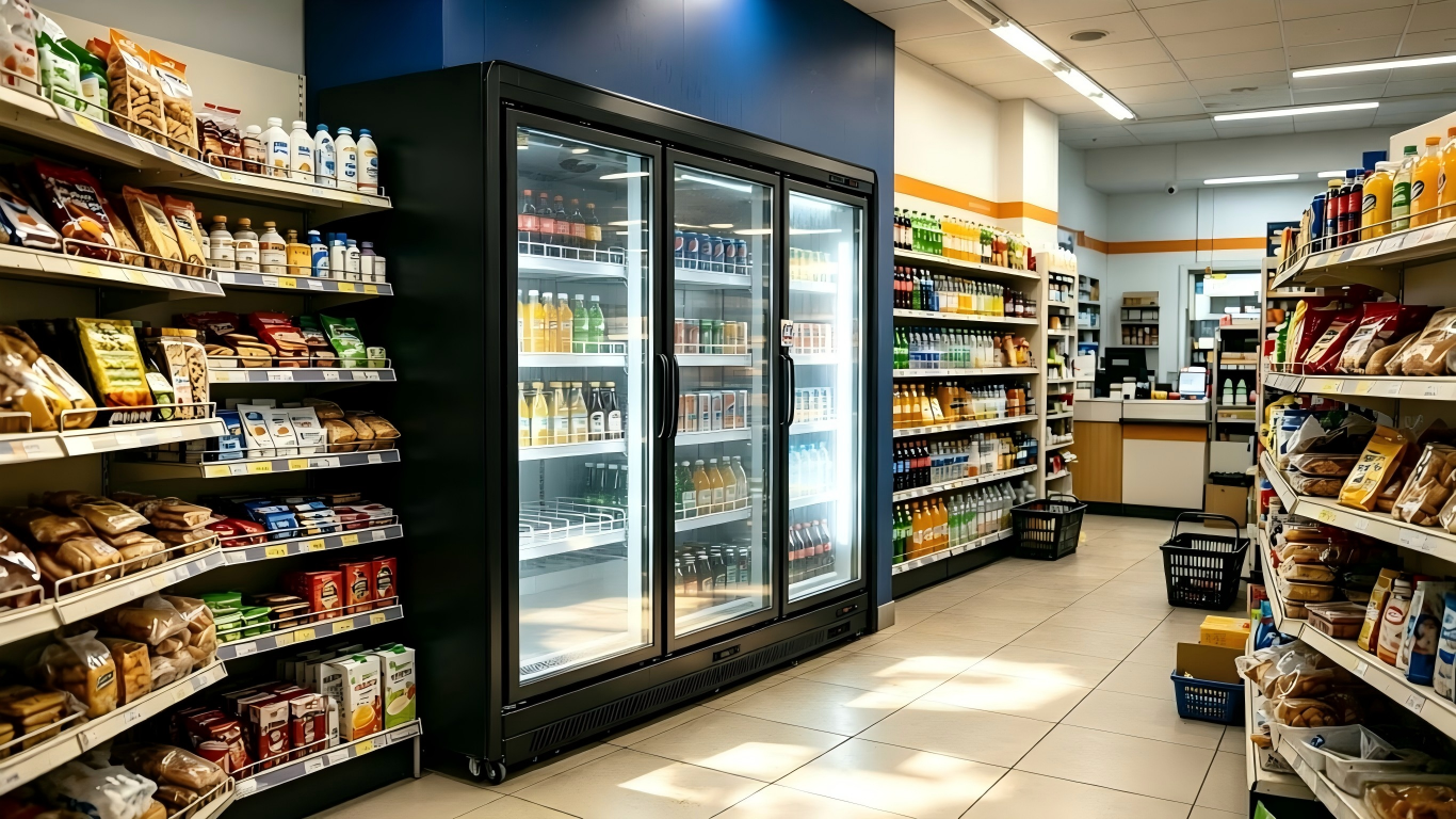 Branded three-door glass door merchandiser in a Central Asian convenience store with Pantone-matched back panels.
