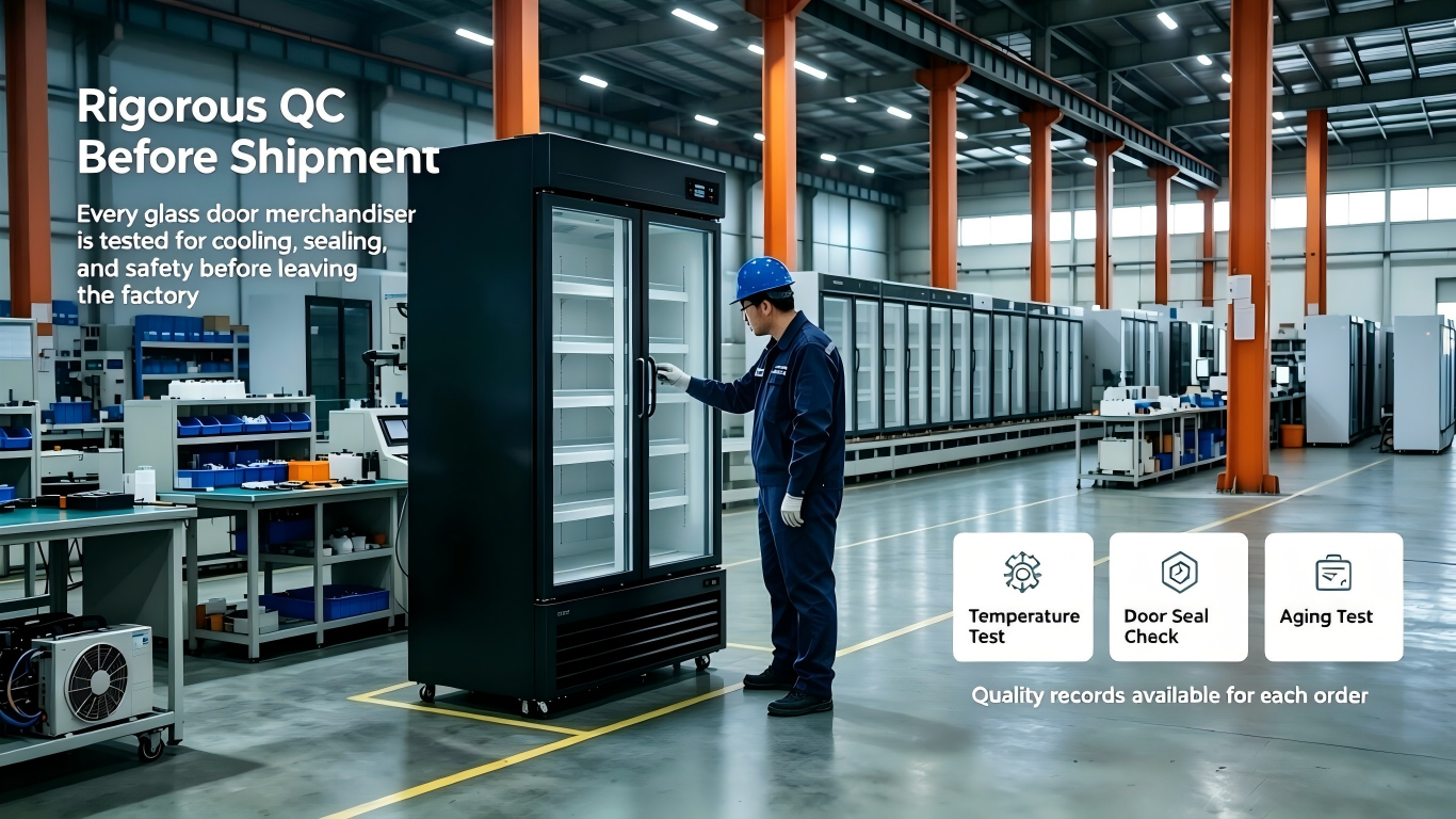 Rigorous QC before shipment: glass door merchandiser being tested in factory lab, including temperature test, door seal check and aging test.