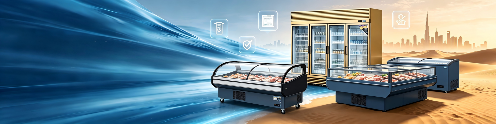 Minimal corporate featured image, commercial refrigeration equipment for GCC market, dark grey background, sleek upright display coolers and deli cases, cold ambient light, subtle golden accent lines symbolizing Middle East market, minimalist aesthetic, B2B industrial marketing graphic